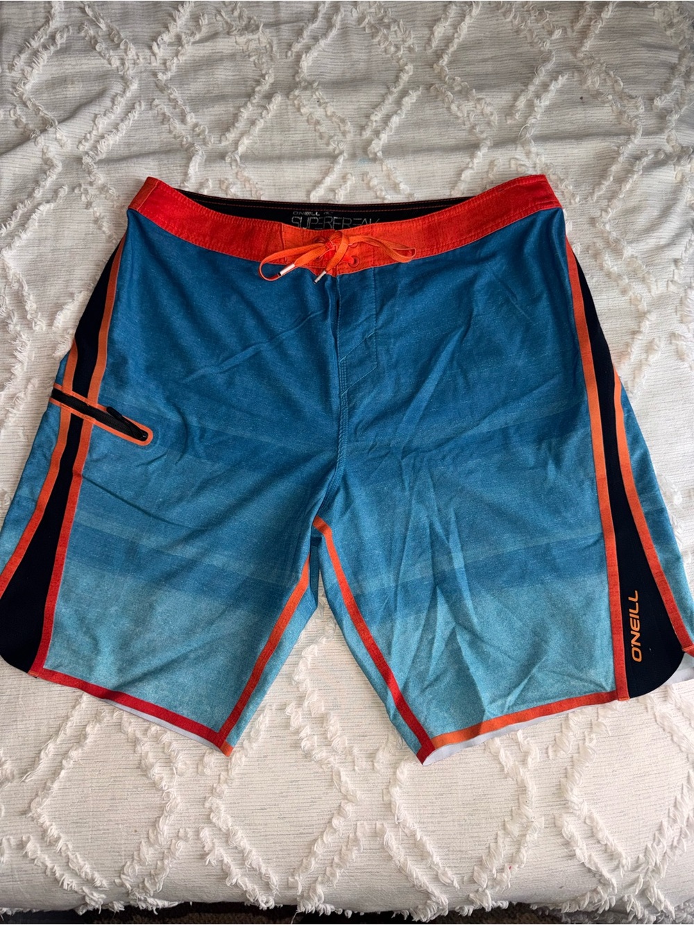 O'Neill Men's Blue Orange Board Shorts with Red-Orange Waistband